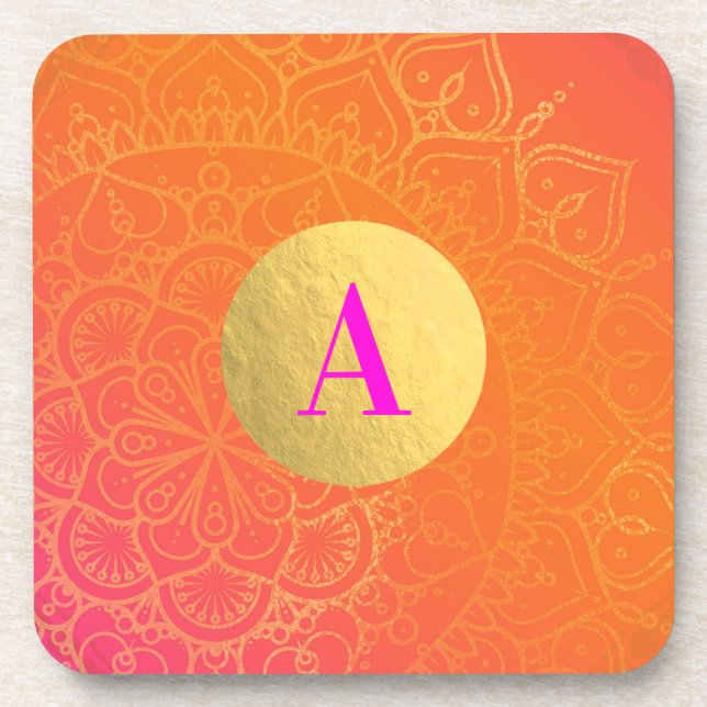Fuchsia Pink Orange & Gold Indian Mandala Glam Beverage Coaster (Front)