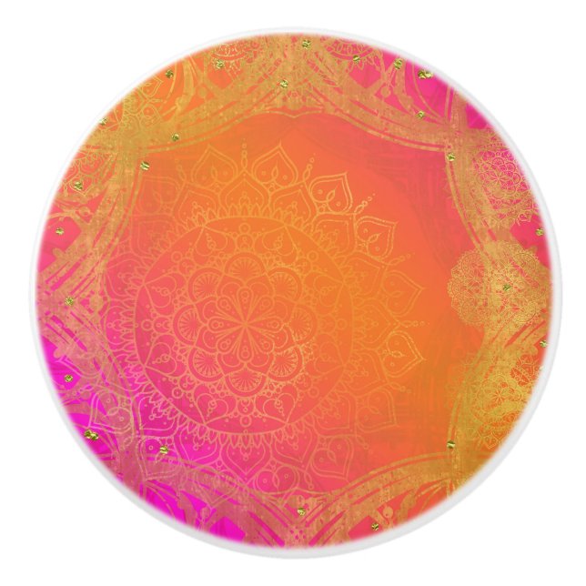 Fuchsia Pink Orange & Gold Indian Mandala Glam Ceramic Knob (Front)