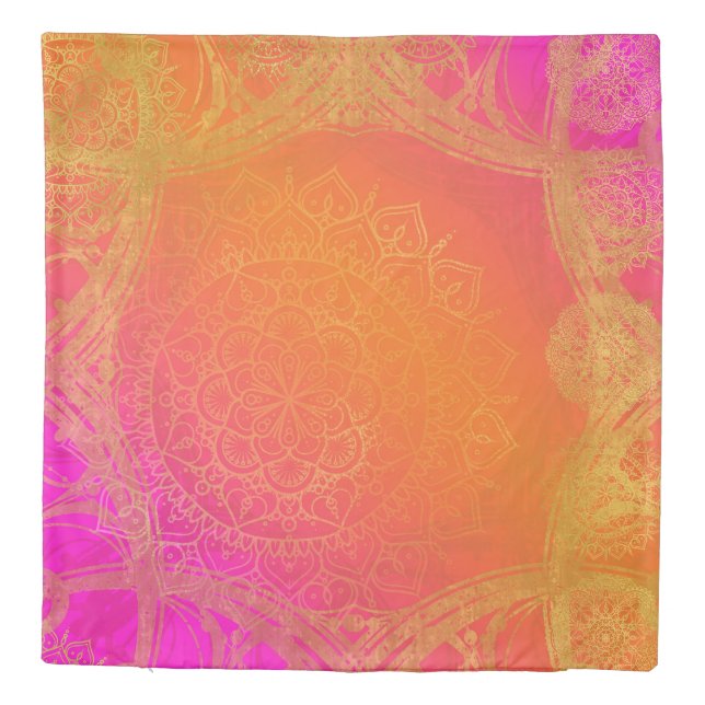Fuchsia Pink Orange & Gold Indian Mandala Glam Duvet Cover (Back)