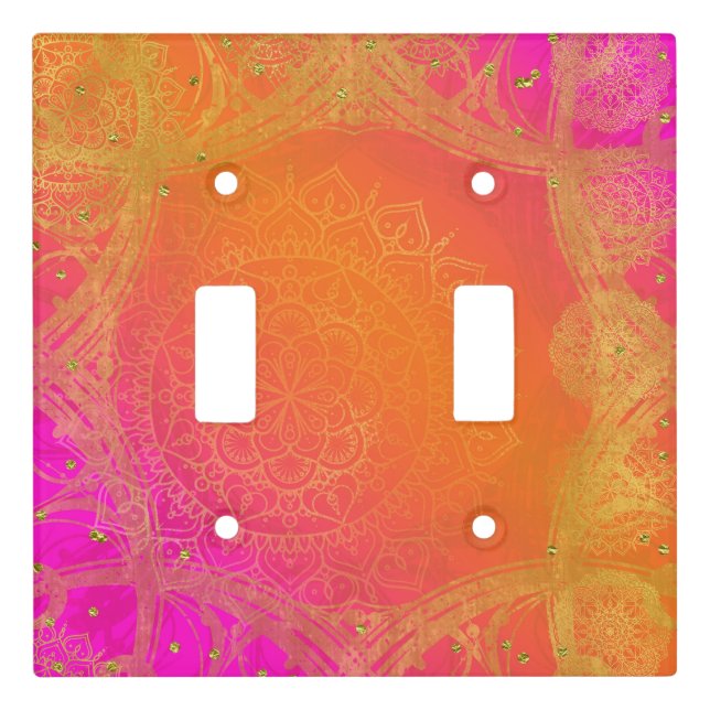 Fuchsia Pink Orange & Gold Indian Mandala Glam Light Switch Cover (Front)