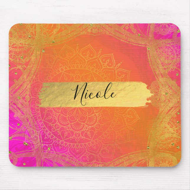 Fuchsia Pink Orange & Gold Indian Mandala Glam Mouse Pad (Front)
