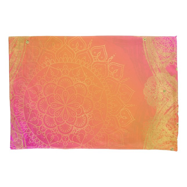 Fuchsia Pink Orange & Gold Indian Mandala Glam Pillowcase (Front)