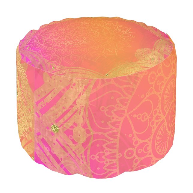 Fuchsia Pink Orange & Gold Indian Mandala Glam Pouf (Angled Back)