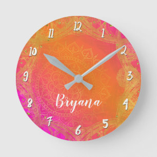 Fuchsia Pink Orange & Gold Indian Mandala Glam Round Clock