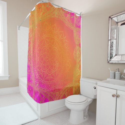 Fuchsia Pink Orange  Gold Indian Mandala Glam Shower Curtain