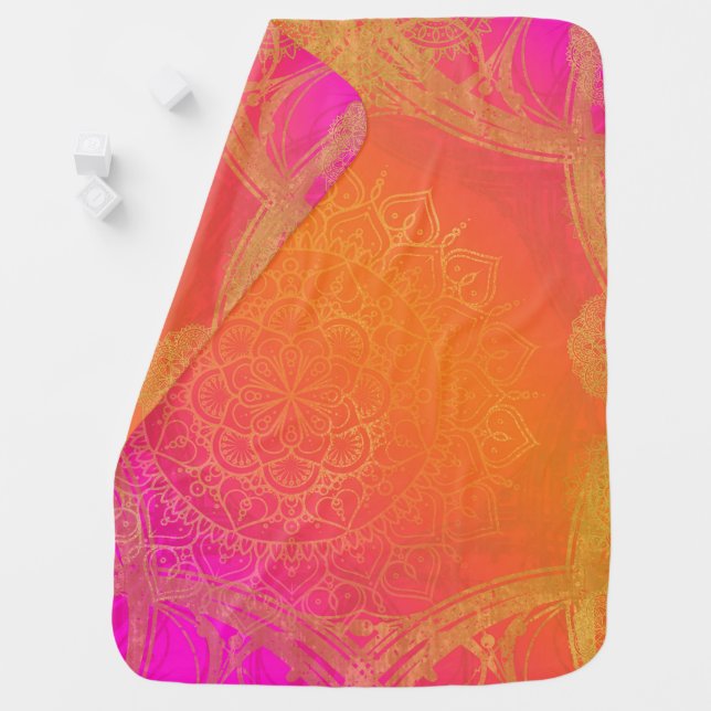 Fuchsia Pink Orange & Gold Indian Mandala Glam Swaddle Blanket (In Situ)