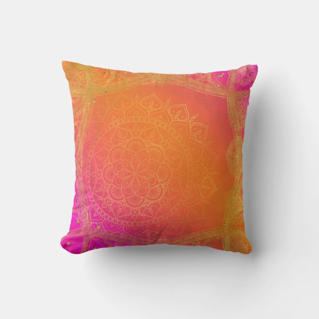 Fuchsia Pink Orange & Gold Indian Mandala Glam Throw Pillow (Front)
