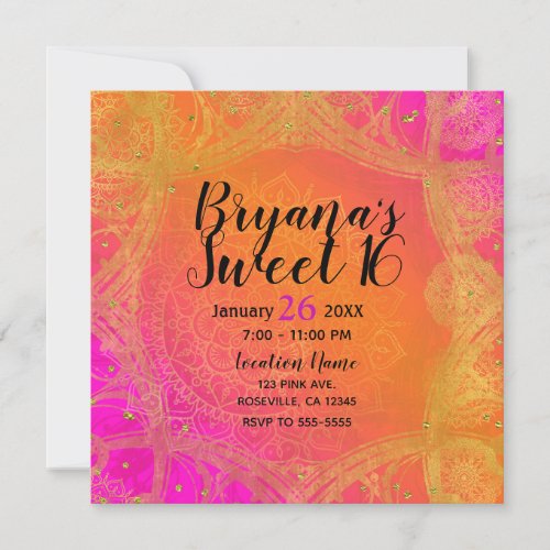 Fuchsia Pink Orange  Gold Indian Mandala Party Invitation