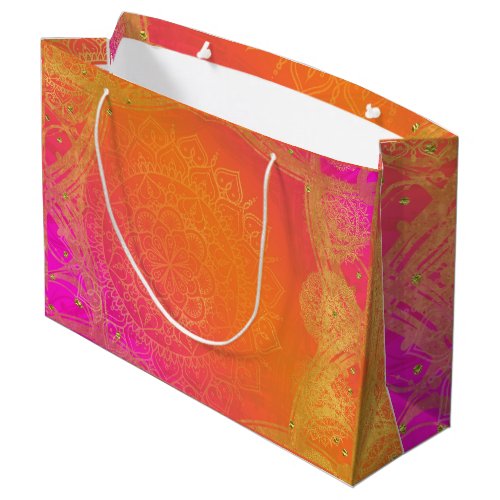 Fuchsia Pink Orange  Gold Indian Mandala Party Large Gift Bag