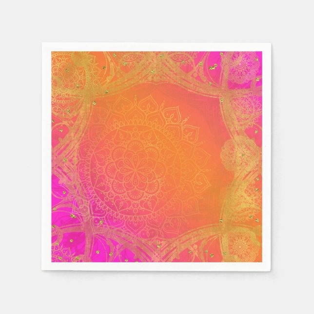 Fuchsia Pink Orange & Gold Indian Mandala Party Paper Napkins (Front)