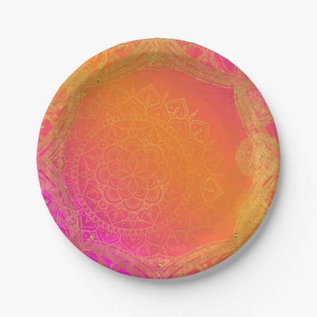 Fuchsia Pink Orange & Gold Indian Mandala Party Paper Plates (Front)