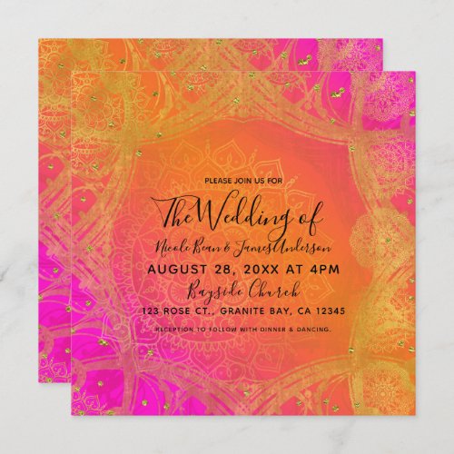 Fuchsia Pink Orange Gold Indian Mandala Wedding Invitation