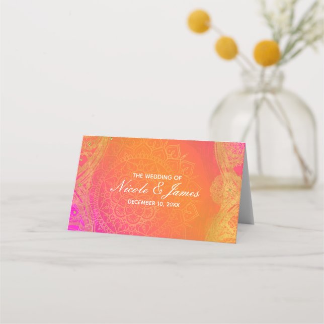 Fuchsia Pink Orange Gold Indian Mandala Wedding Place Card (Front)