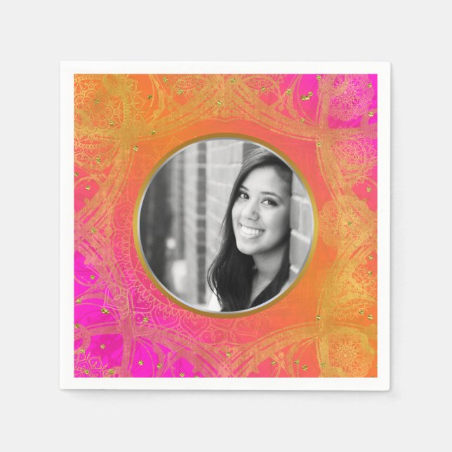Fuchsia Pink Orange Gold Mandala PHOTO Party Paper Napkins (Front)