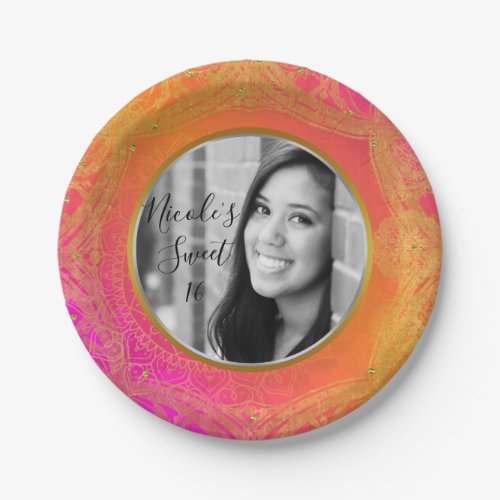 Fuchsia Pink Orange Gold Mandala PHOTO Party Paper Plates