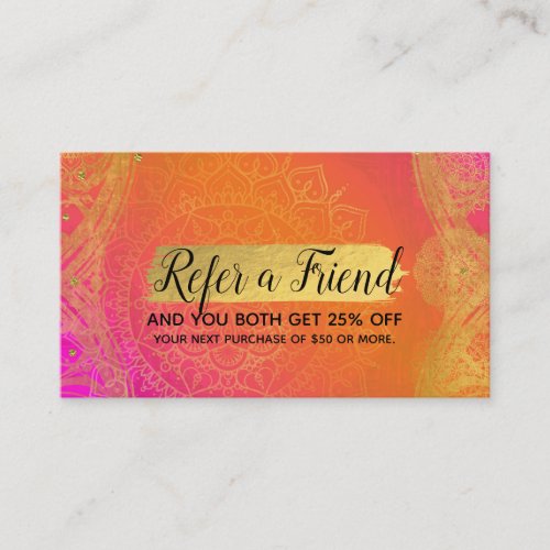 Fuchsia Pink Orange  Gold Mandala Refer a Friend Referral Card