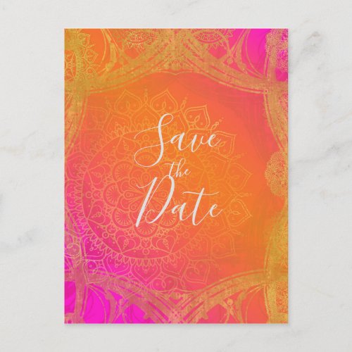 Fuchsia Pink Orange  Gold Mandala Save the Date Announcement Postcard