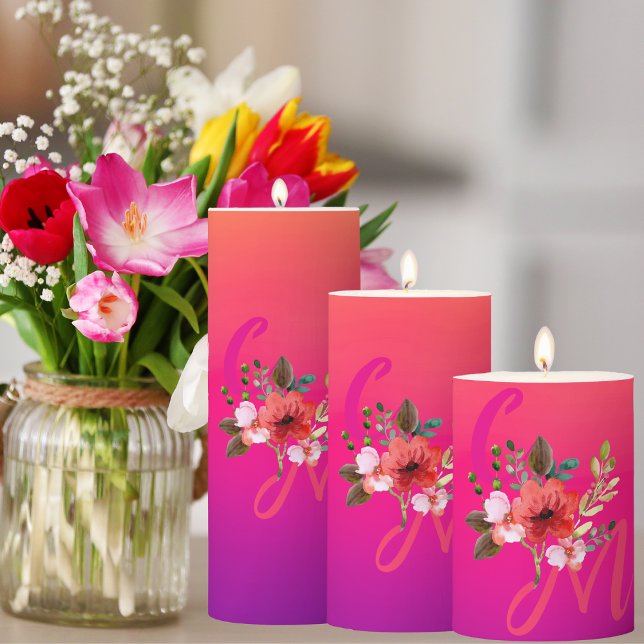 Fuchsia Pink Orange Purple Bright and Bold Floral  Pillar Candle (Creator Uploaded)
