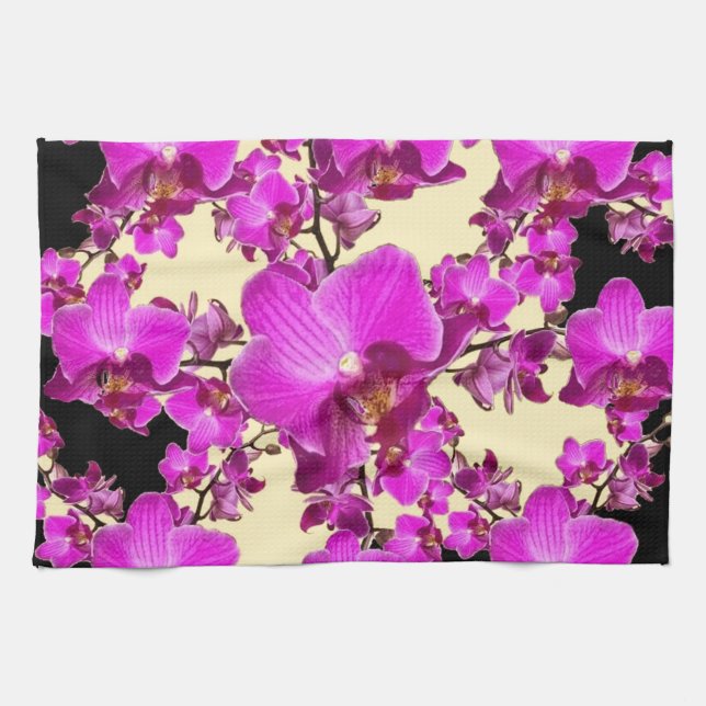 Fuchsia Pink Orchids Cream & Black Pattern Gifts Towel (Horizontal)
