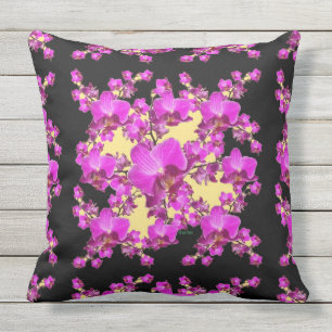 Fuchsia Pink Orchids Cream & Black Pattern Throw Pillow