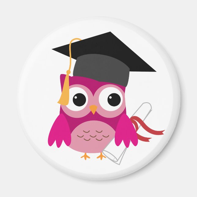 Fuchsia Pink Owl with Diploma Graduation Magnet (Front)