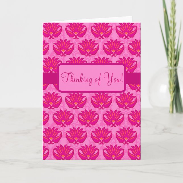Fuchsia Pink Parisian Damask Thinking of You Card (Front)