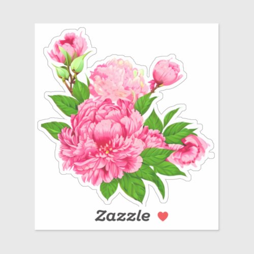 Fuchsia Pink Peonies and Green Leaves Sticker