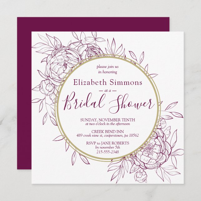Fuchsia Pink Peony Modern Toile Bridal Shower Invitation (Front/Back)