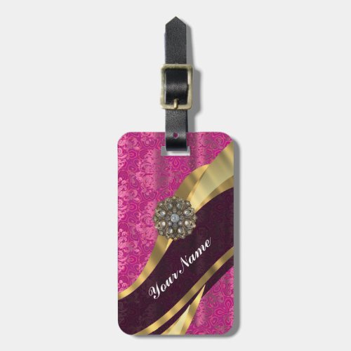 Fuchsia pink personalized pretty damask pattern luggage tag