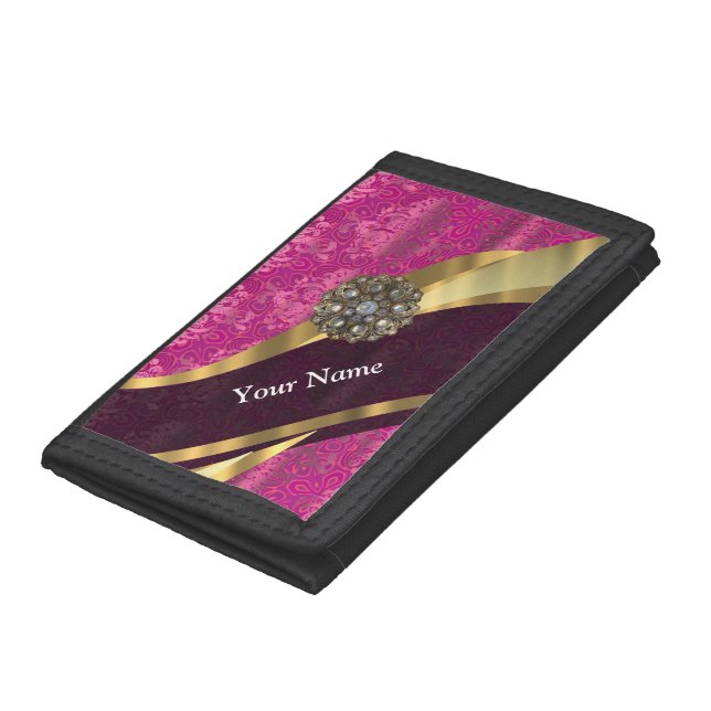 Fuchsia pink personalized pretty damask pattern trifold wallet (Bottom)
