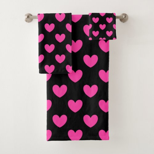 Fuchsia pink polka hearts on black bath towel set