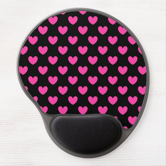 Fuchsia pink polka hearts on black gel mouse pad (Front)