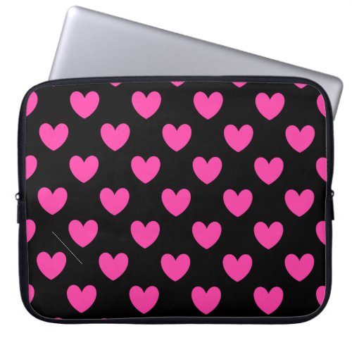 Fuchsia pink polka hearts on black laptop sleeve