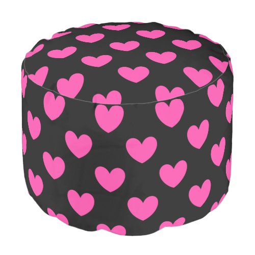 Fuchsia pink polka hearts on black pouf