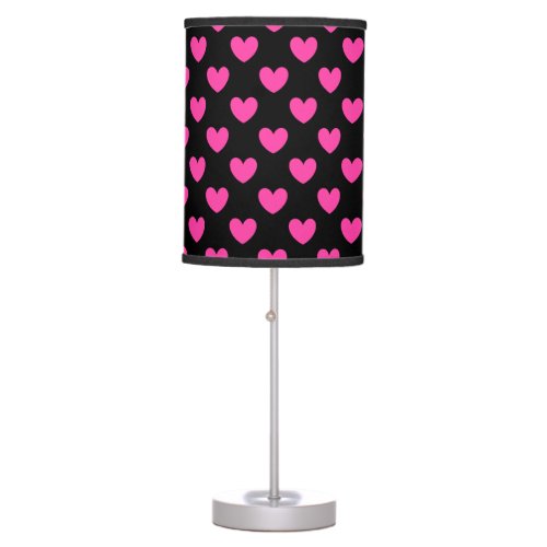 Fuchsia pink polka hearts on black table lamp
