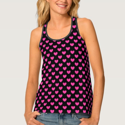 Fuchsia pink polka hearts on black tank top