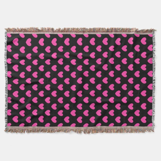 Fuchsia pink polka hearts on black throw blanket (Front)