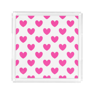 Fuchsia pink polka hearts on white acrylic tray