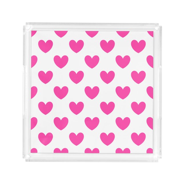 Fuchsia pink polka hearts on white acrylic tray (Front)