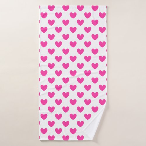 Fuchsia pink polka hearts on white bath towel