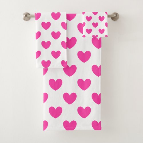 Fuchsia pink polka hearts on white bath towel set