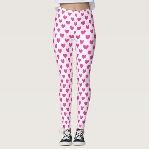 Fuchsia pink polka hearts on white leggings