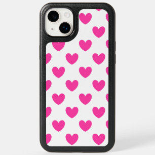 Fuchsia pink polka hearts on white OtterBox iPhone 14 plus case