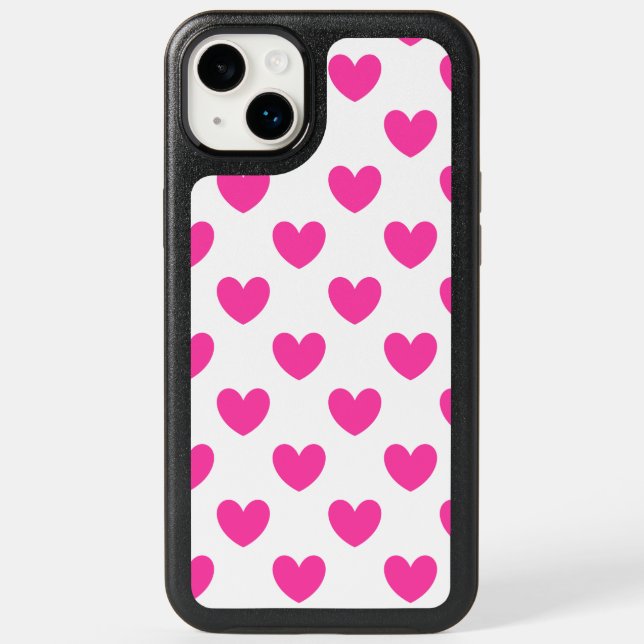 Fuchsia pink polka hearts on white otterbox iPhone case (Back)