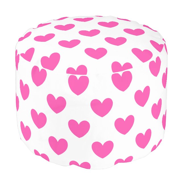 Fuchsia pink polka hearts on white pouf (Angled Front)