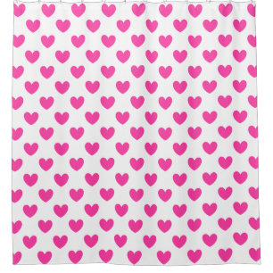 Fuchsia pink polka hearts on white shower curtain