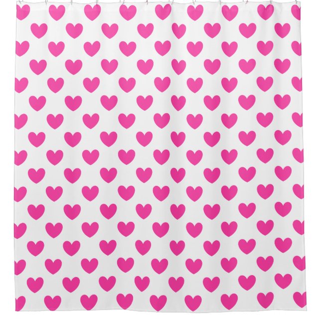 Fuchsia pink polka hearts on white shower curtain (Front)