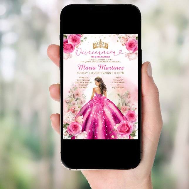 Fuchsia Pink Princess Floral Gold Quinceañera Invitation (Front Digital)