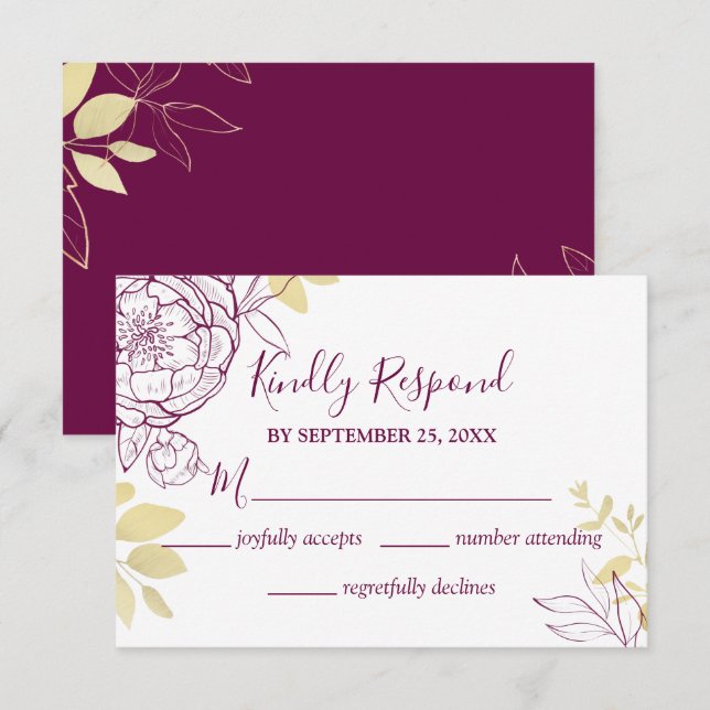 Fuchsia Pink Purple & Gold Peony Floral Wedding RSVP Card (Front/Back)
