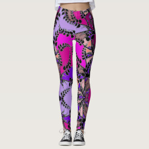Fuchsia Pink Purple Lavender Black Leaves Abstract Leggings